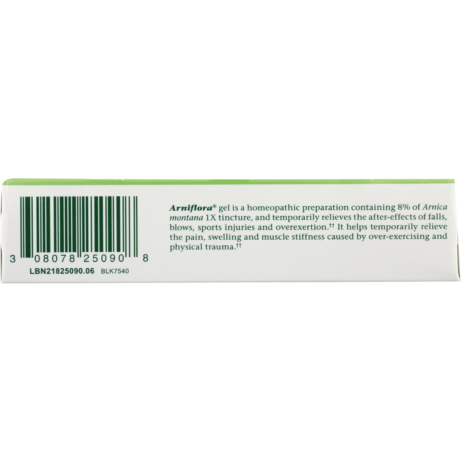BRK007 | Back of Arniflora gel box showing barcode and usage description about Arnica montana