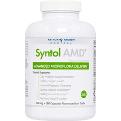 AAM003 | Syntol AMD white supplement bottle label reading Advanced Microflora Delivery, 360 capsules
