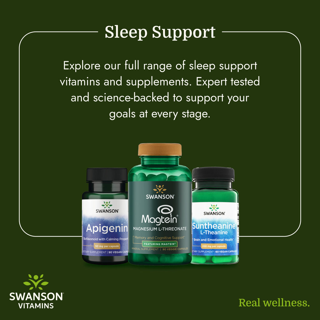 SWU375 | Swanson sleep support supplements infographic with Apigenin, Magtein, and Suntheanine bottles - Thumbnail