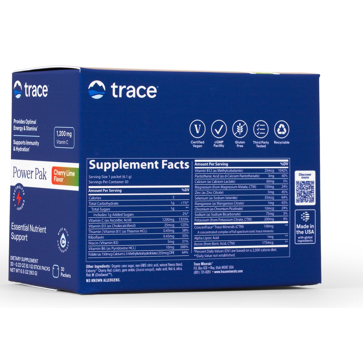 TM018 | Back of Trace Power Pak Cherry Lime Flavor box with Supplement Facts and 1,200 mg Vitamin C callout
