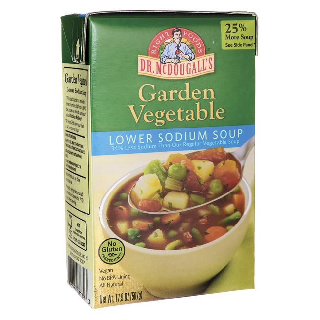 DMD014 | Dr. McDougall's Garden Vegetable lower sodium soup carton showing bowl of vegetable soup and front label