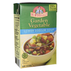 DMD014 | Dr. McDougall's Garden Vegetable lower sodium soup carton showing bowl of vegetable soup and front label