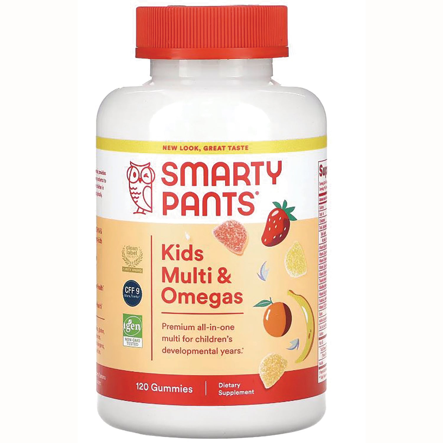 SMA002 | SmartyPants Kids Multi & Omegas bottle showing front label, 120 gummies and fruit illustrations