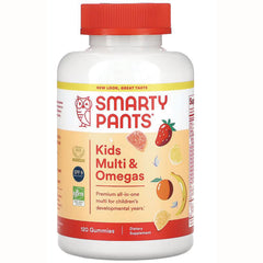 SMA002 | SmartyPants Kids Multi & Omegas bottle showing front label, 120 gummies and fruit illustrations