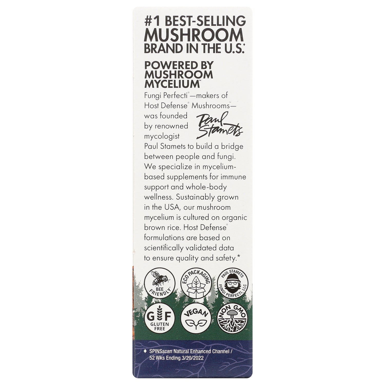 FUN001 | Back panel with #1 best-selling mushroom brand in the U.S. text and icons labeled BEE FRIENDLY, GLUTEN FREE, VEGAN, NON GMO