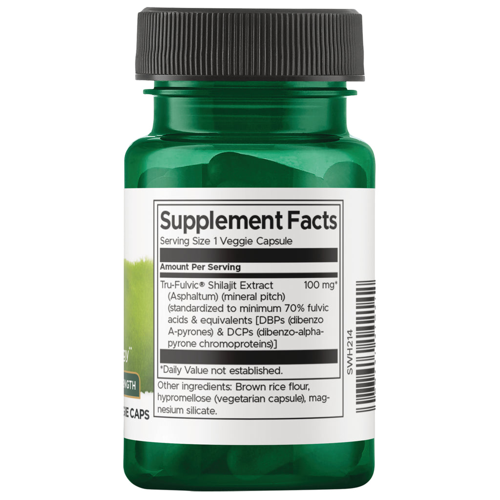 SWH214 | Back label with Supplement Facts; Serving Size 1 veggie capsule; Tru-Fulvic Shilajit Extract 100 mg - Thumbnail