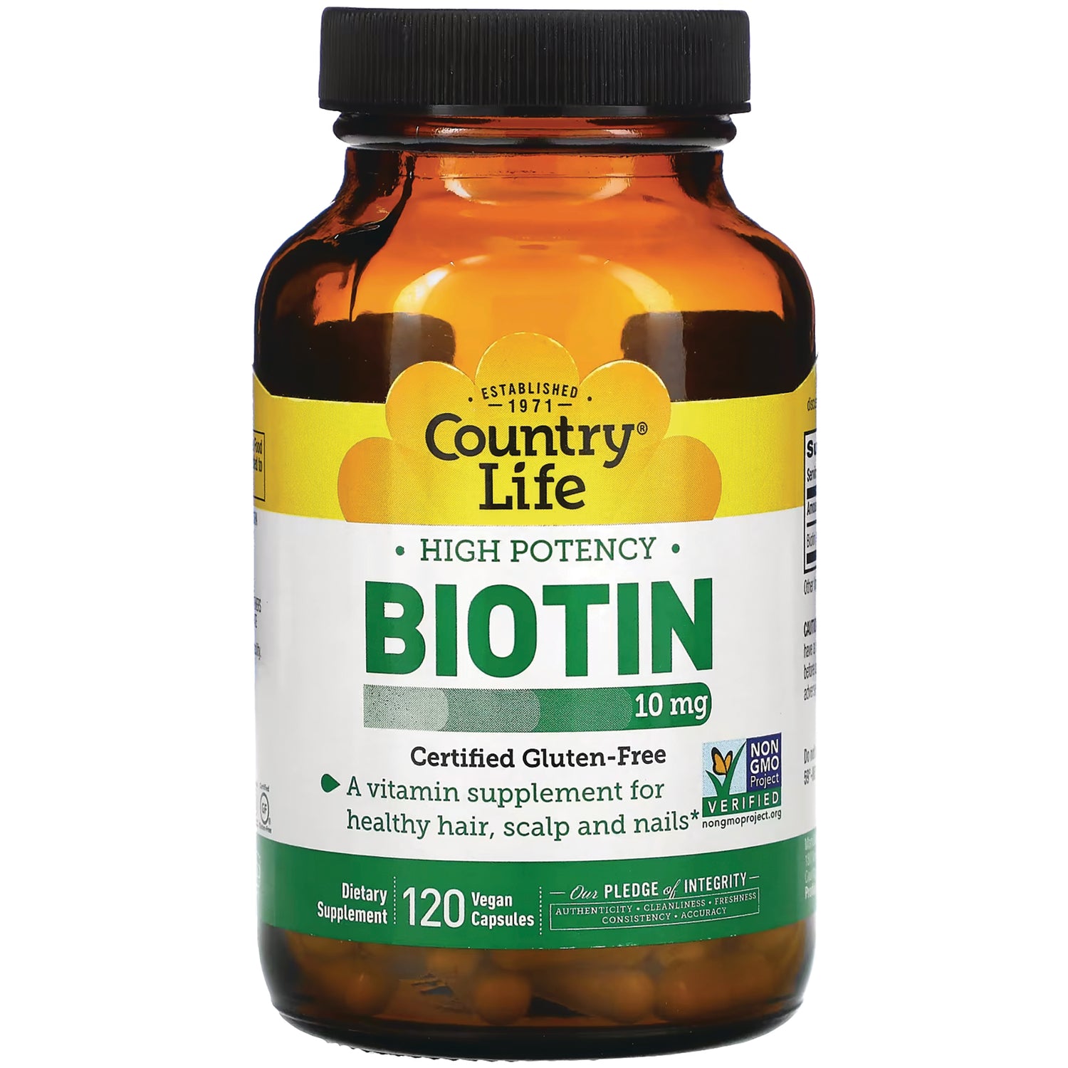 CRL551 | Amber bottle of Country Life Biotin 10 mg supplement, 120 vegan capsules, certified gluten-free label