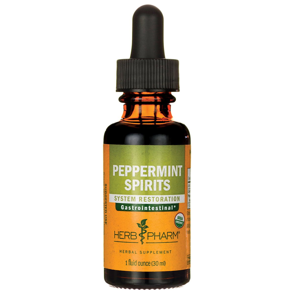HPH176 | amber glass dropper bottle labeled PEPPERMINT SPIRITS System Restoration Gastrointestinal, Herb Pharm 1 fluid ounce (30 ml)