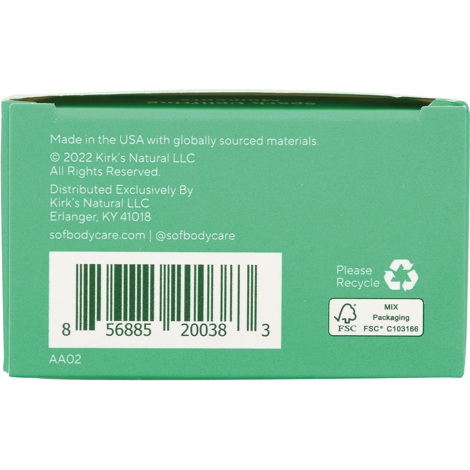 SOF013 | Back of SOF Body Care box with barcode, recycling icon, and FSC Mix Packaging label