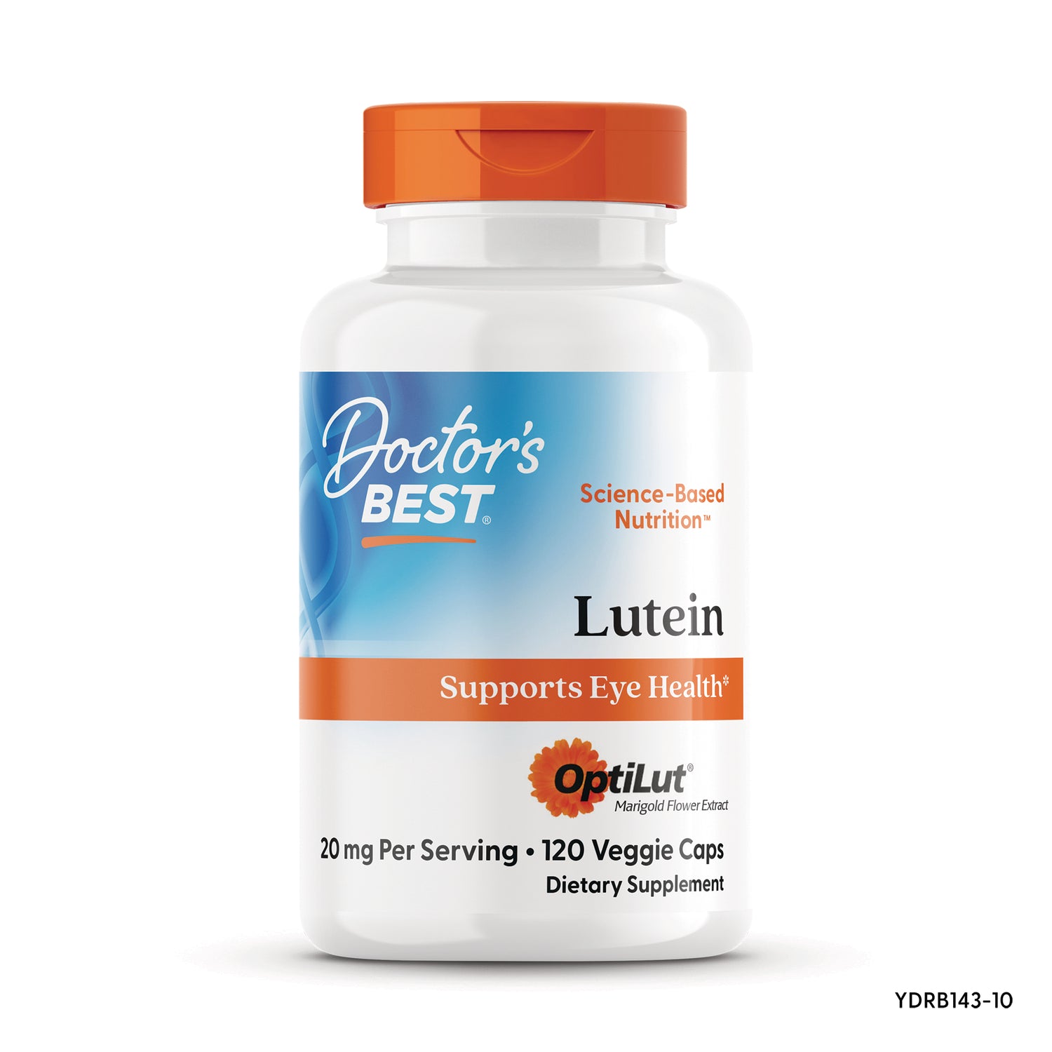 DB187 | Doctor's Best Lutein supplement bottle front label showing 120 veggie caps, 20 mg per serving, supports eye health