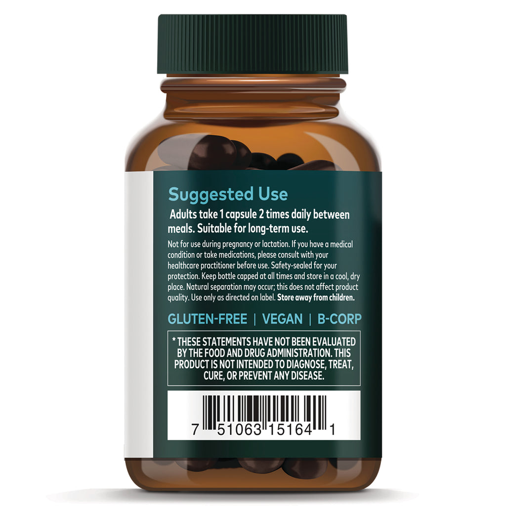 GH168 | Back label of amber supplement bottle showing suggested use, warnings, gluten-free vegan badges and barcode - Thumbnail