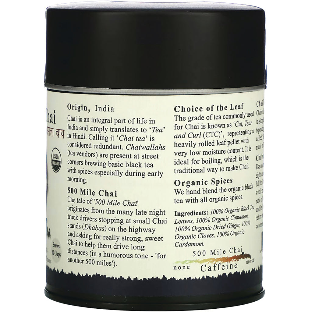 TOT001 | Back label with origin, ingredients, and caffeine scale for 500 Mile Chai tea - Thumbnail
