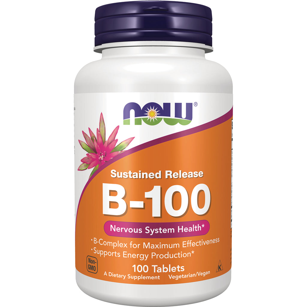 NWF1461 | NOW B-100 sustained release B-complex supplement bottle with orange label, purple cap, 100 tablets - Thumbnail