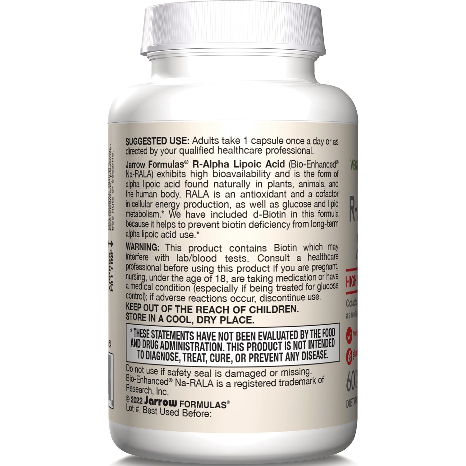 JR230 | back label of white supplement bottle showing suggested use, warning, and FDA disclaimer text