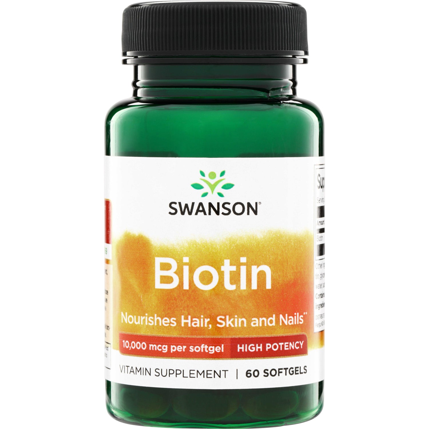SW1686 | Swanson Biotin, High Potency 10,000 mcg per softgel, Nourishes Hair, Skin and Nails, 60 softgels