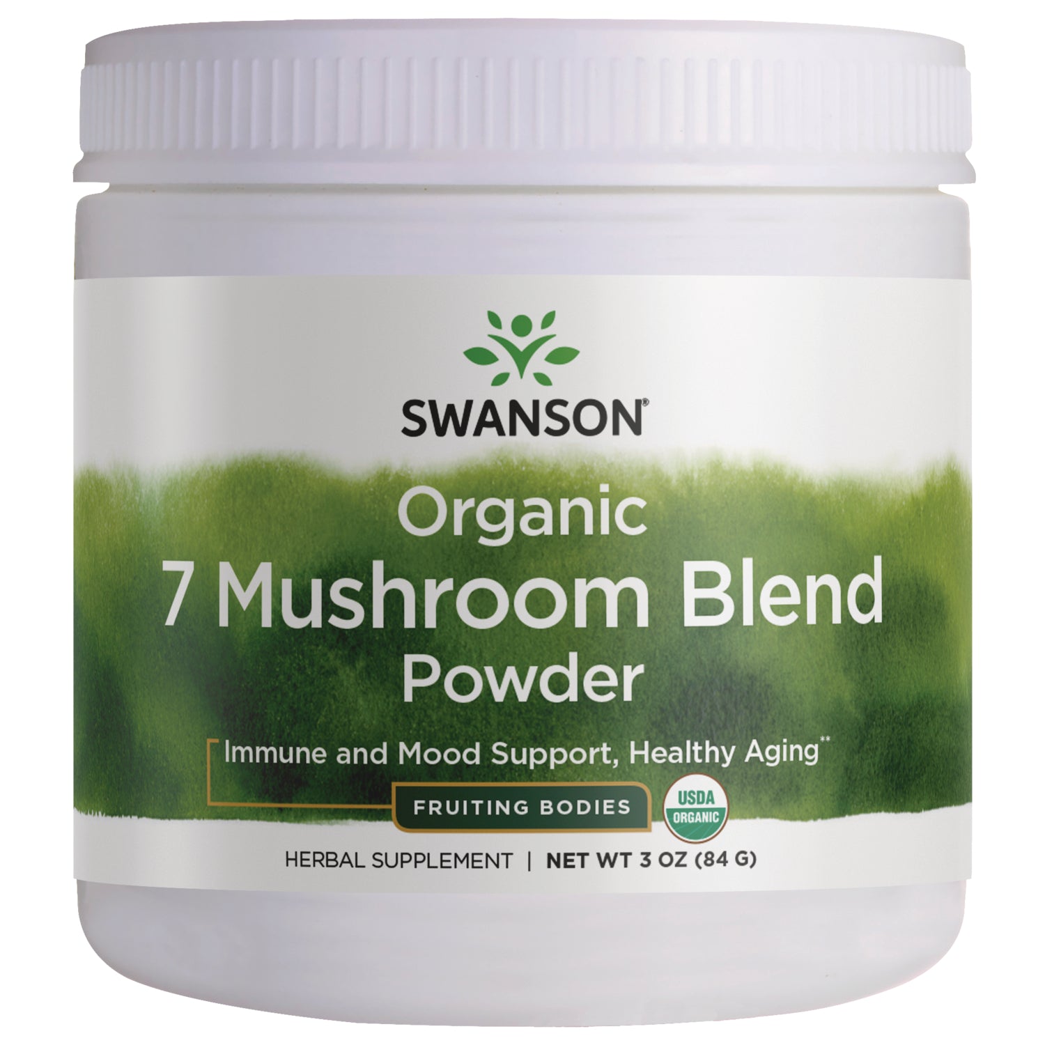 Swanson Organic 7 Mushroom Blend Powder jar with label and accompanying product benefits and supplement facts sheet