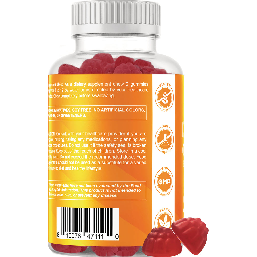 VAM022 | Back of gummy supplement bottle with directions, warnings, icons: Gluten Free, Non GMO, GMP, barcode - Thumbnail