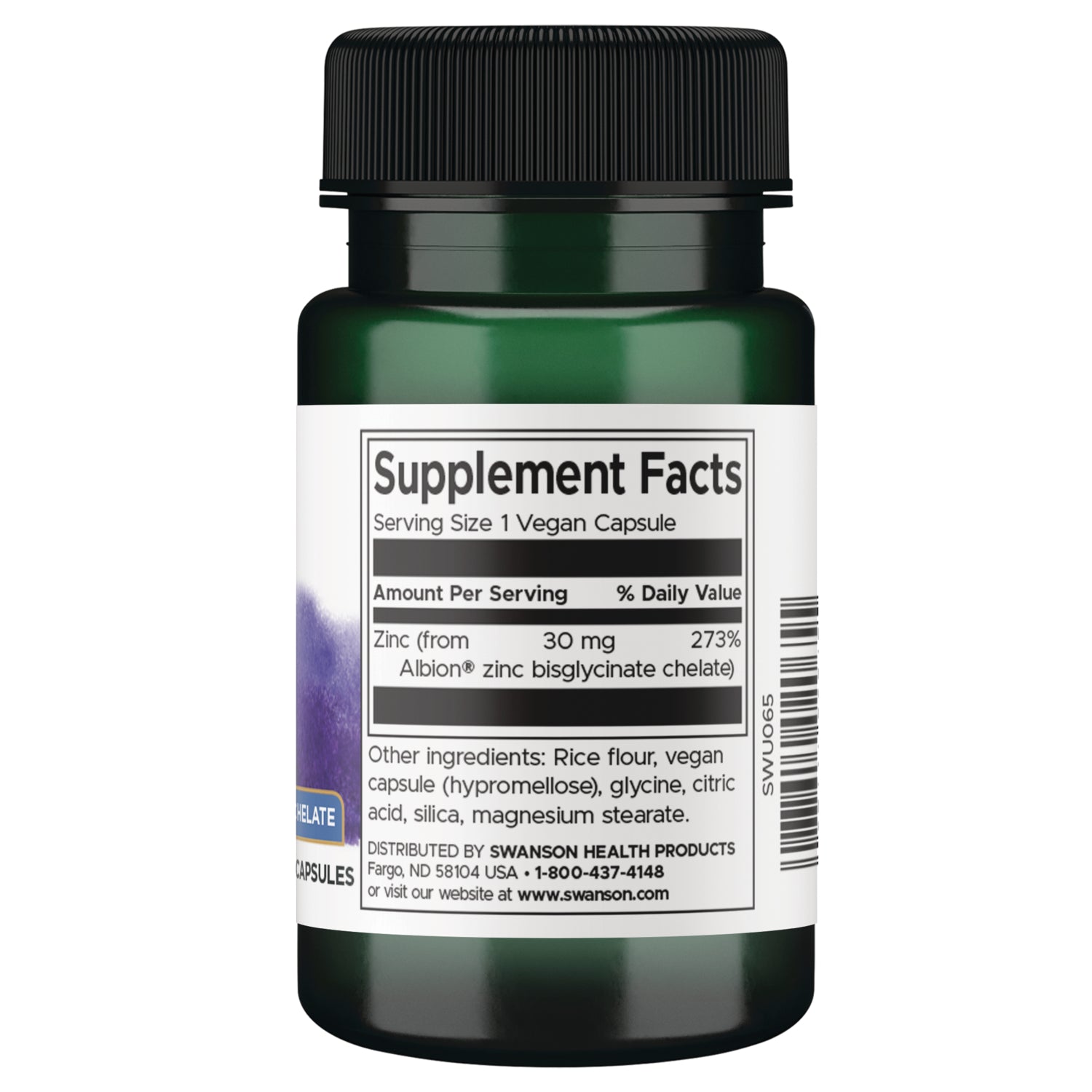SWU066 | Back label with Supplement Facts: Serving Size 1 Vegan Capsule; Zinc 30 mg, 273% DV