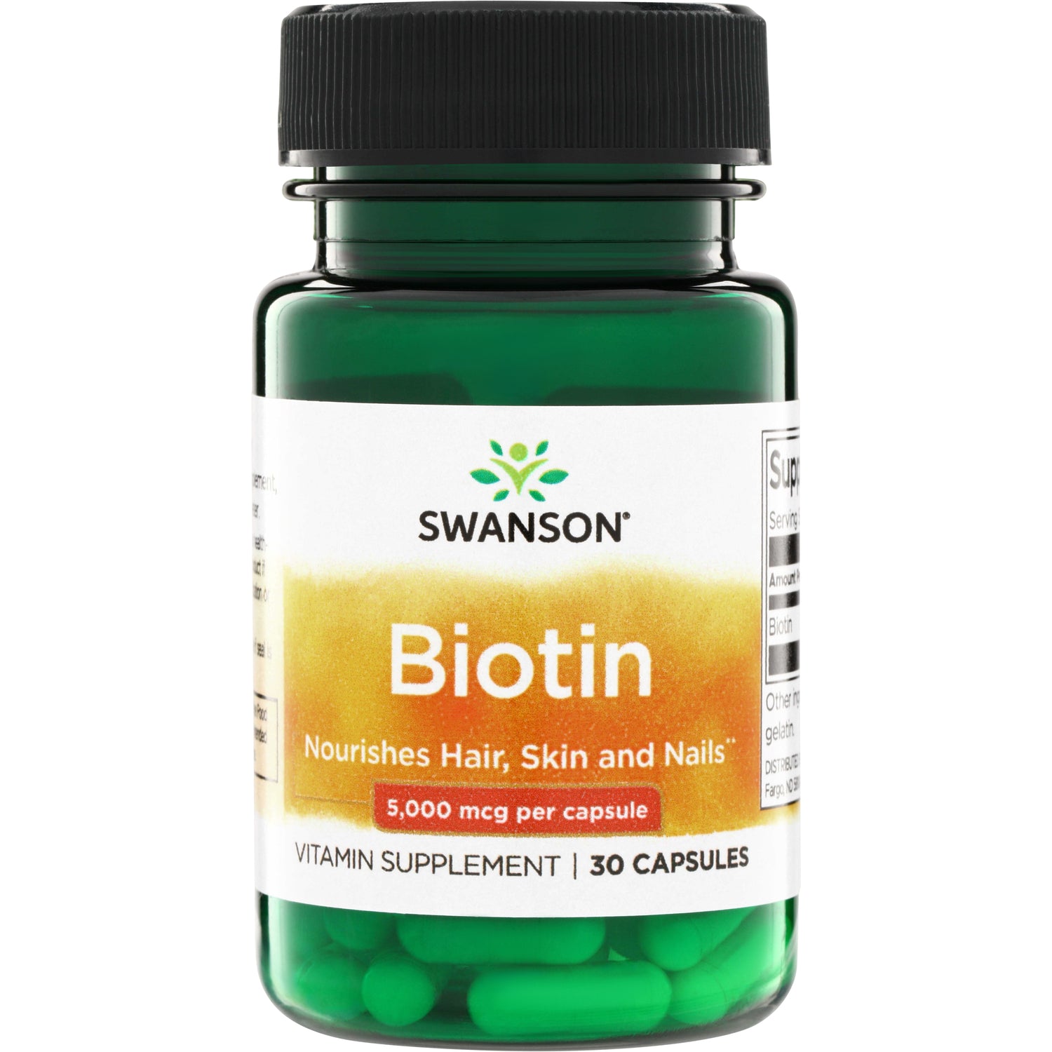 SW1239 | Swanson Biotin vitamin supplement bottle, 5,000 mcg per capsule, Nourishes Hair, Skin and Nails, 30 capsules