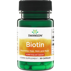 SW1239 | Swanson Biotin vitamin supplement bottle, 5,000 mcg per capsule, Nourishes Hair, Skin and Nails, 30 capsules