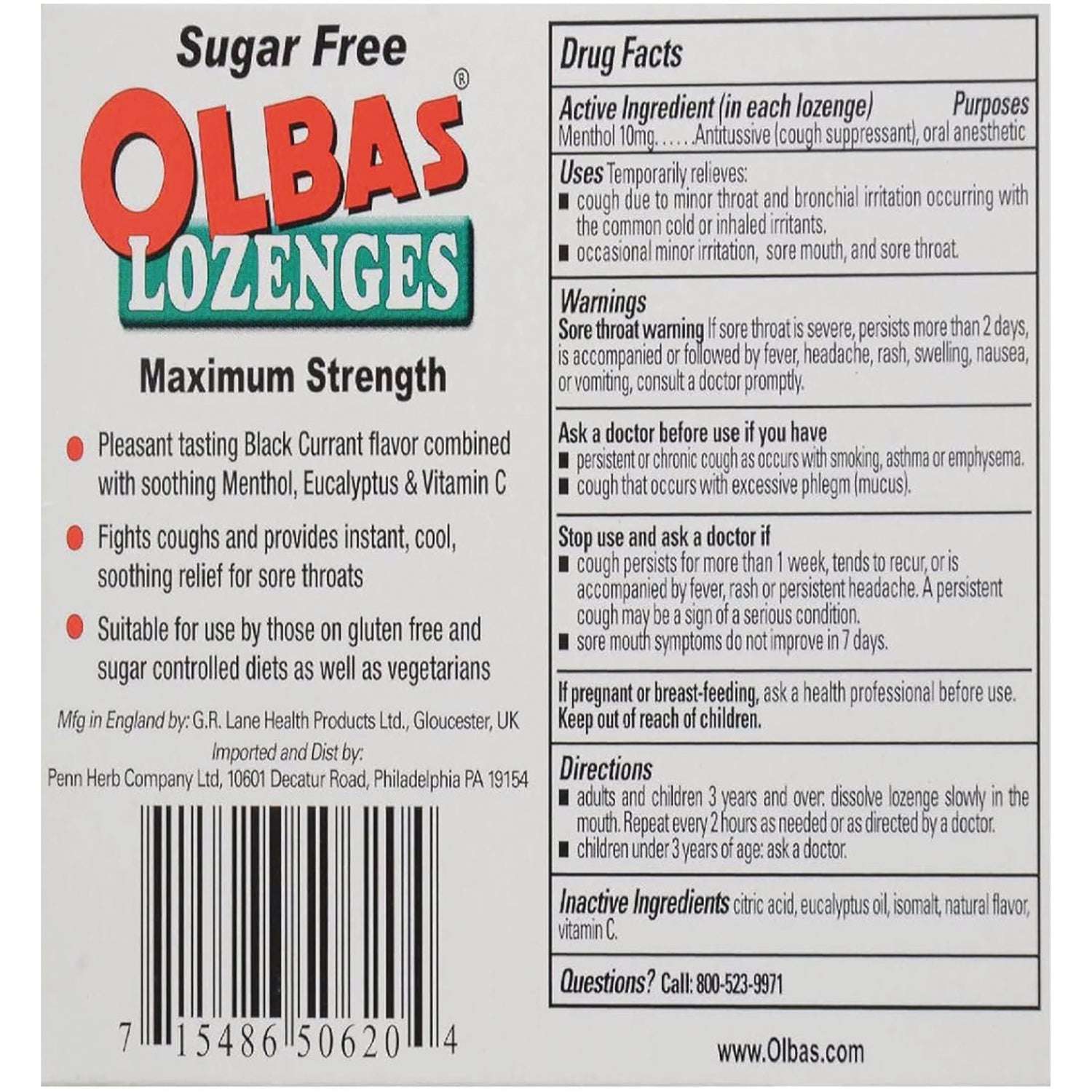 OLB011 | Back of Olbas Lozenges box showing Drug Facts, warnings, directions, inactive ingredients, and barcode