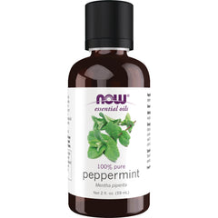 NWF266 | Amber 2 fl oz bottle labeled NOW essential oils 100% pure peppermint with mint leaves on label