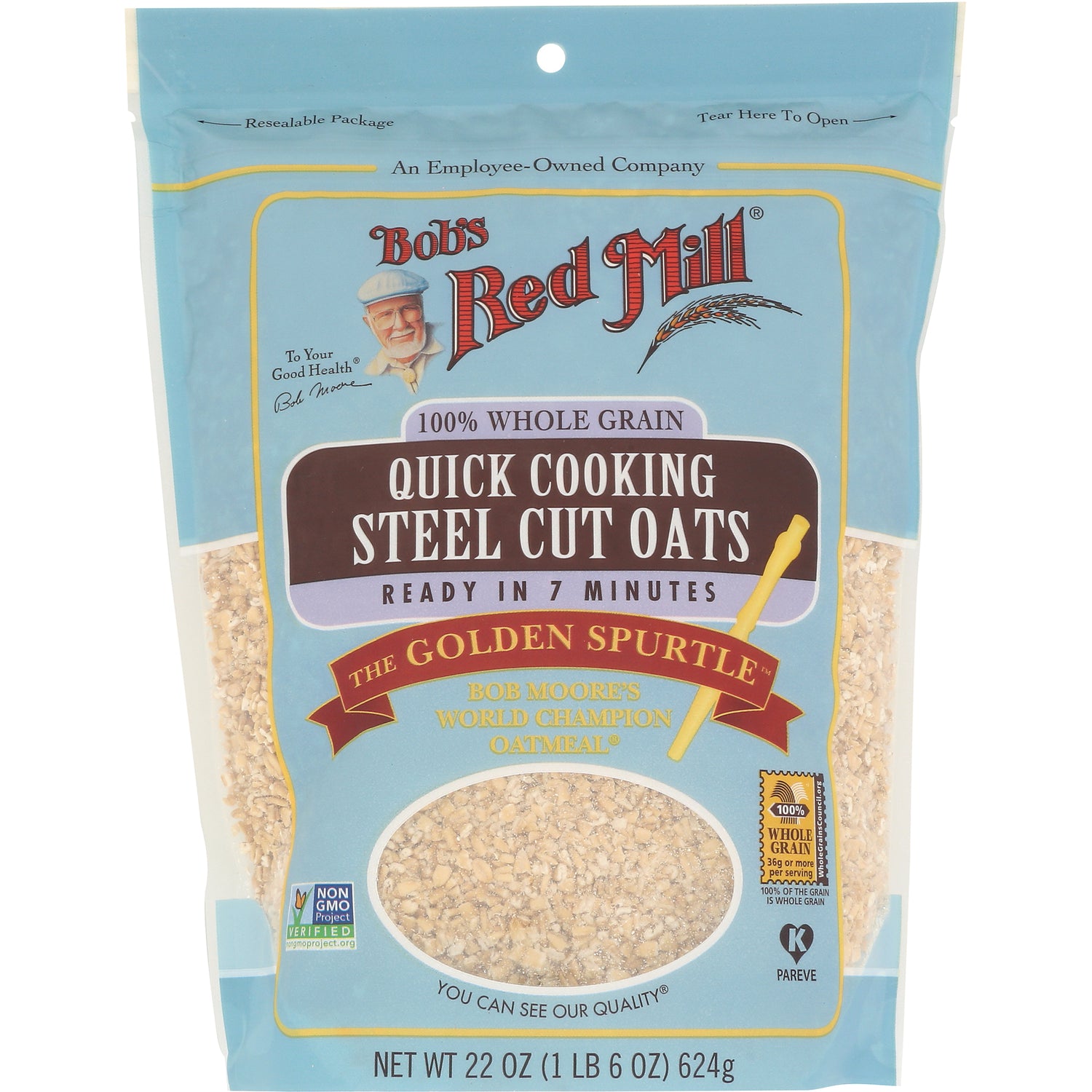 BOB339 | Bob's Red Mill Quick Cooking Steel Cut Oats front pouch with clear product window NET WT 22 OZ