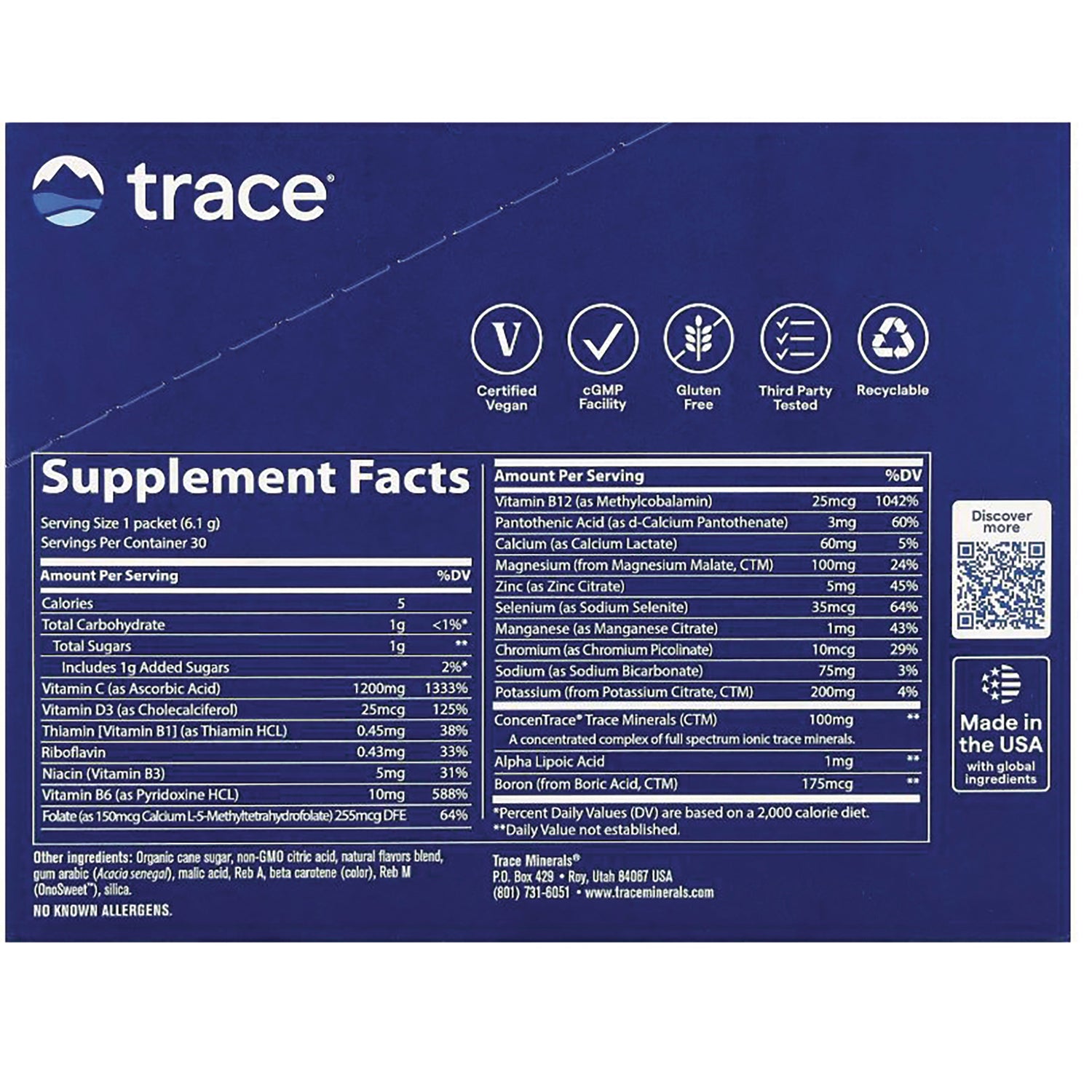 TM014 | Back panel with Supplement Facts, Certified Vegan, Gluten Free, cGMP, Third-Party Tested, Made in the USA