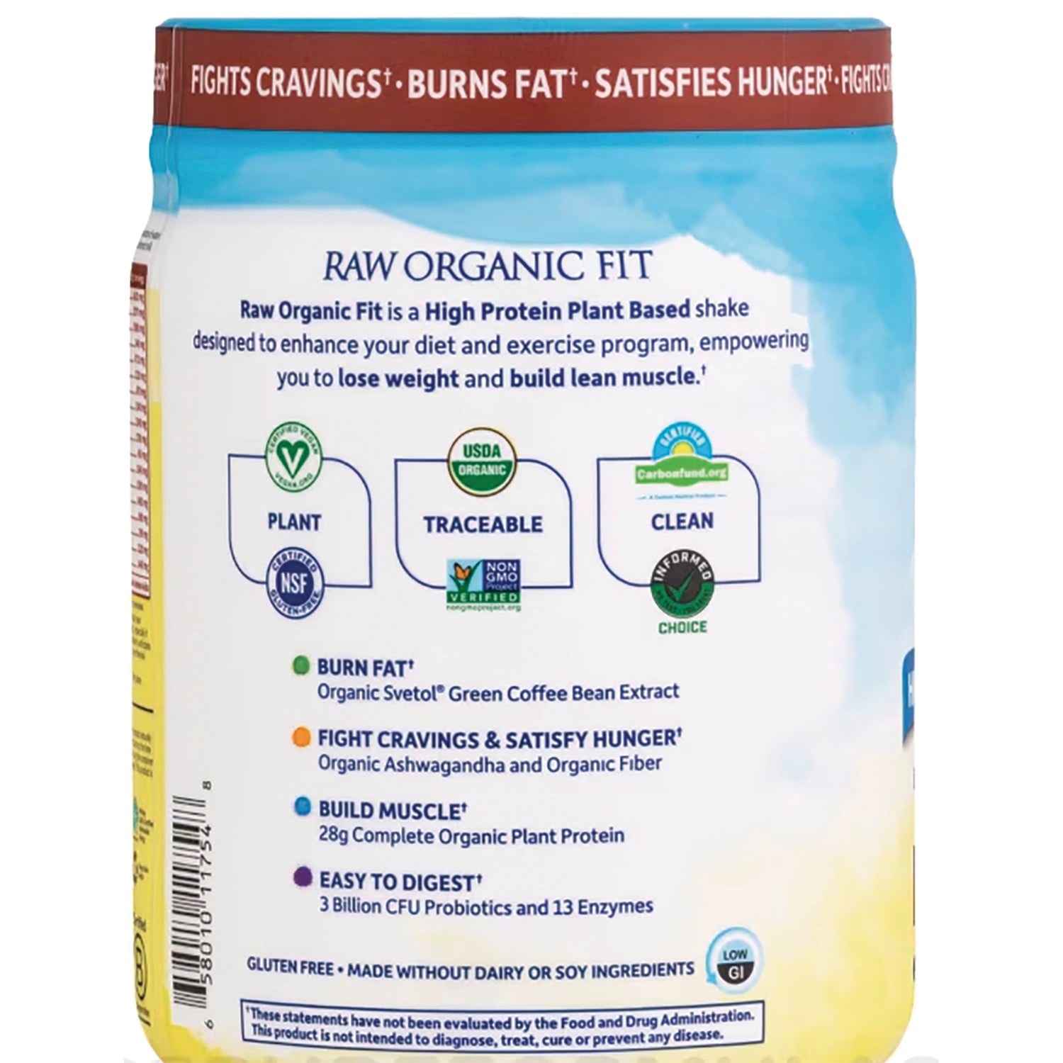 GLF174 | Back label of RAW ORGANIC FIT plant-based protein showing claims to burn fat, fight cravings, build muscle and certification icons