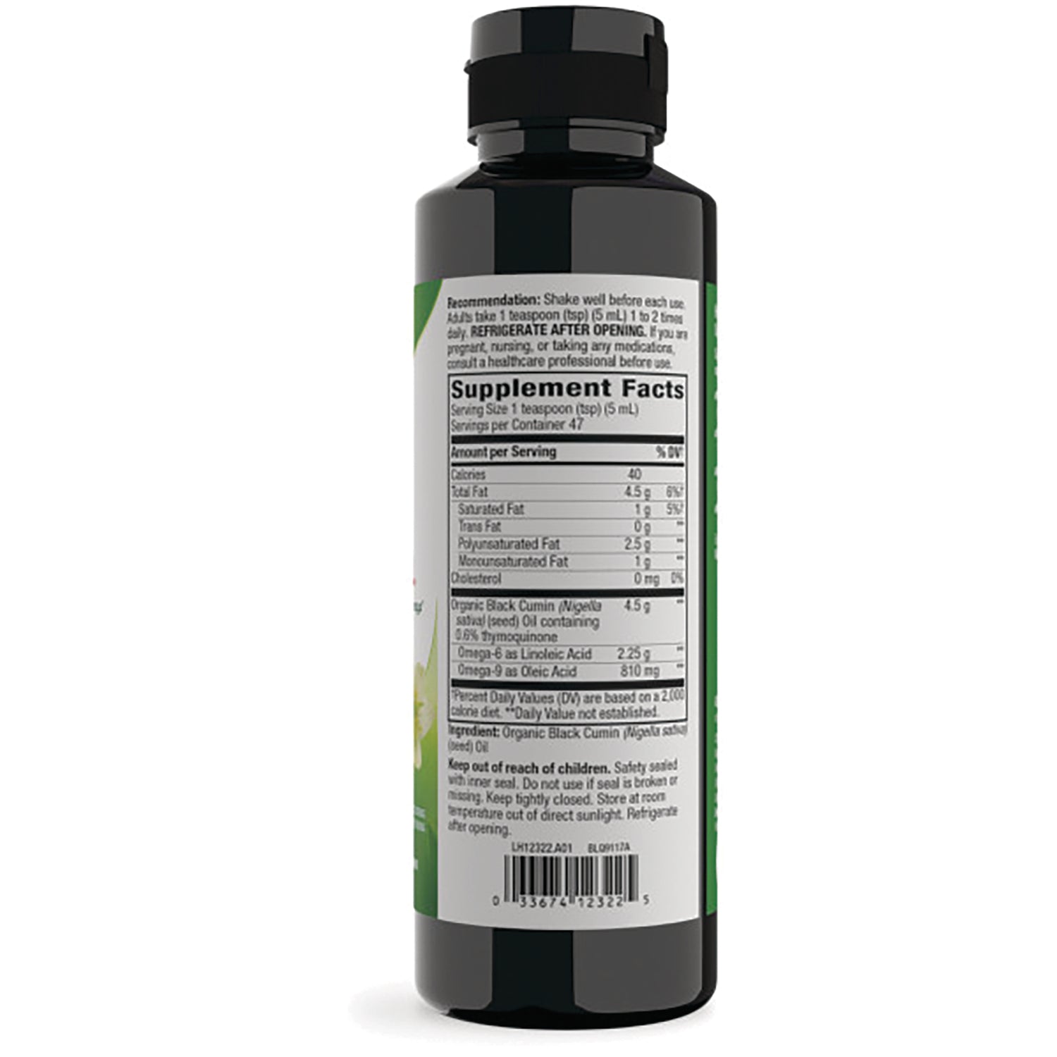NW979 | back of dark bottle showing Supplement Facts label, nutrition panel and barcode