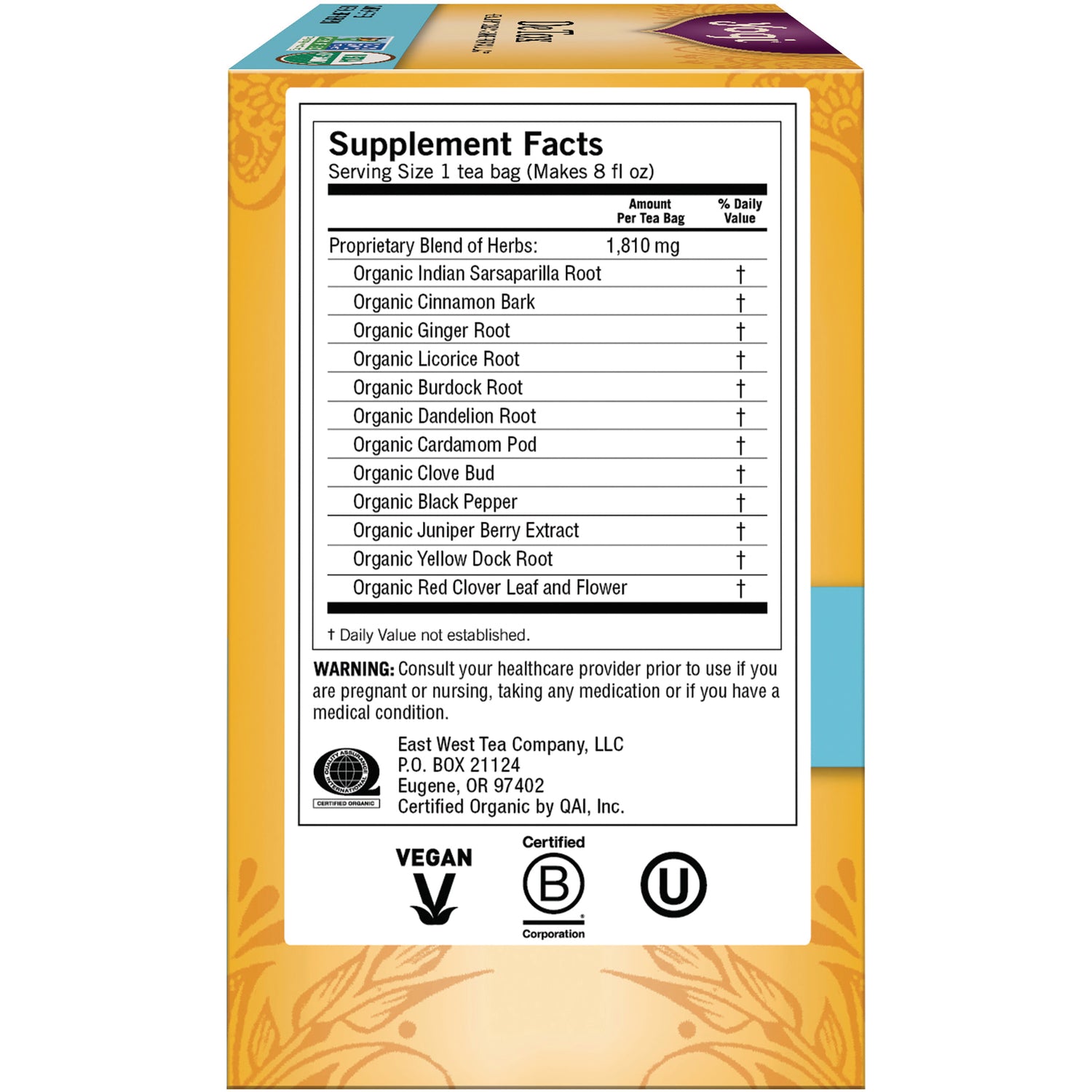AHW003 | Supplement Facts panel showing proprietary blend of herbs, warning text and vegan and certification logos