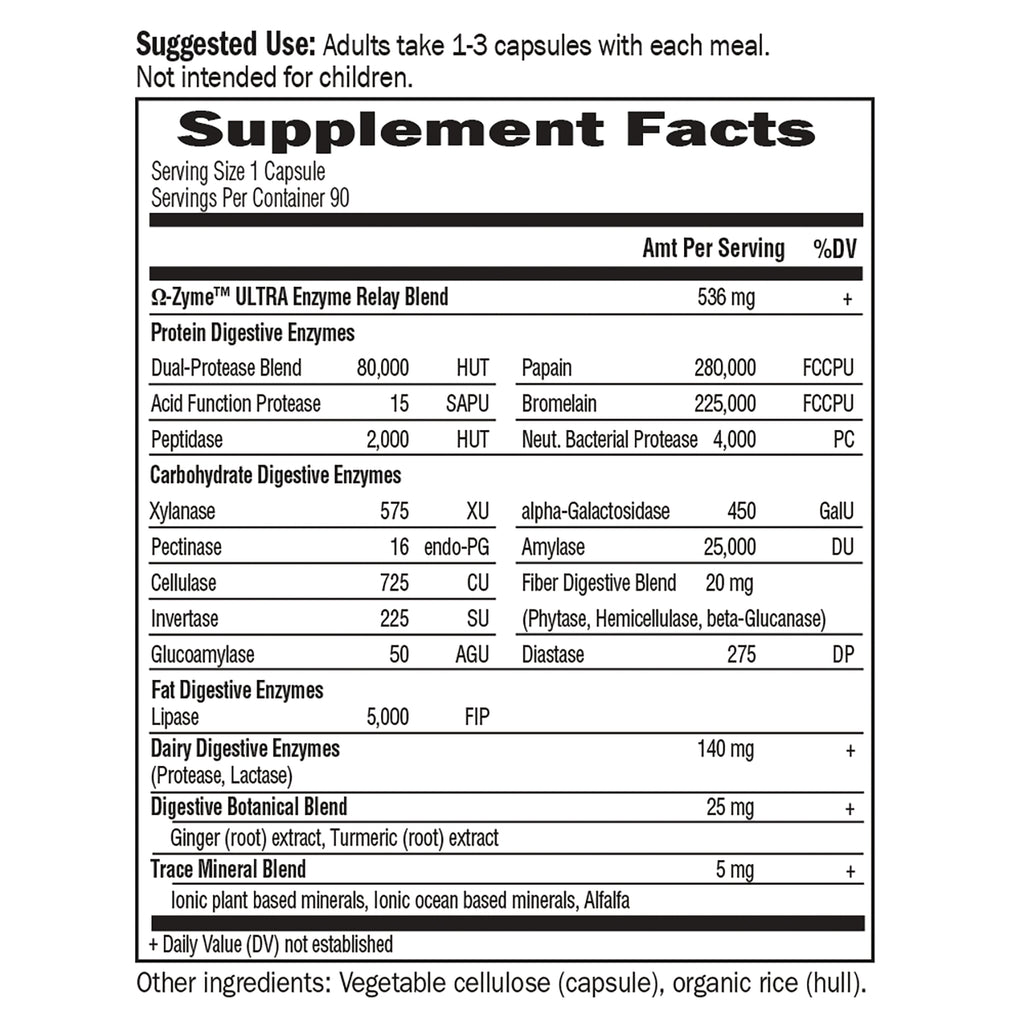 GLF020 | Supplement Facts label showing serving size, enzyme blends, digestive botanical and trace mineral blends and other ingredients - Thumbnail