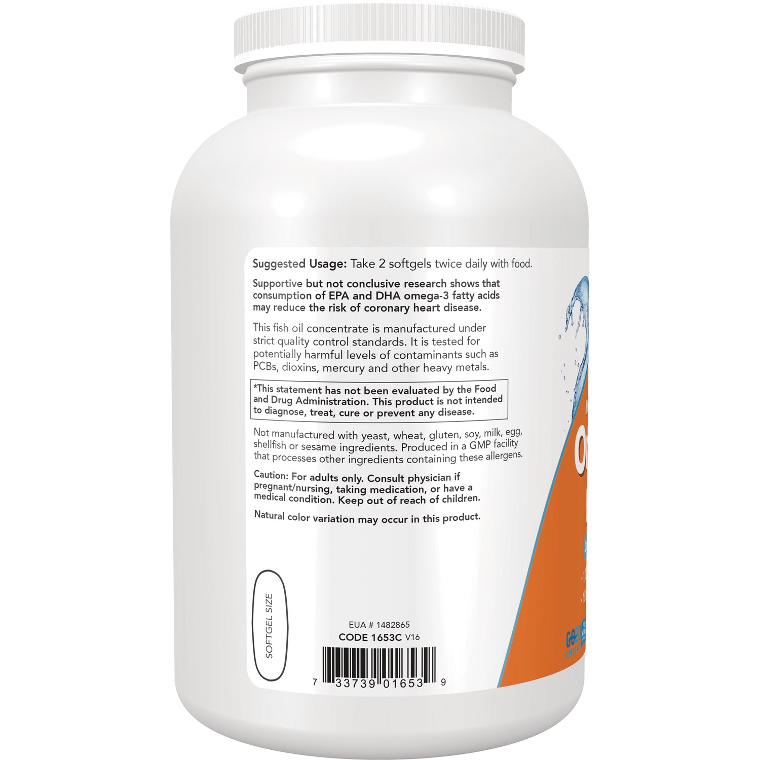 NWF902 | back label of white supplement bottle showing suggested usage, warnings and barcode