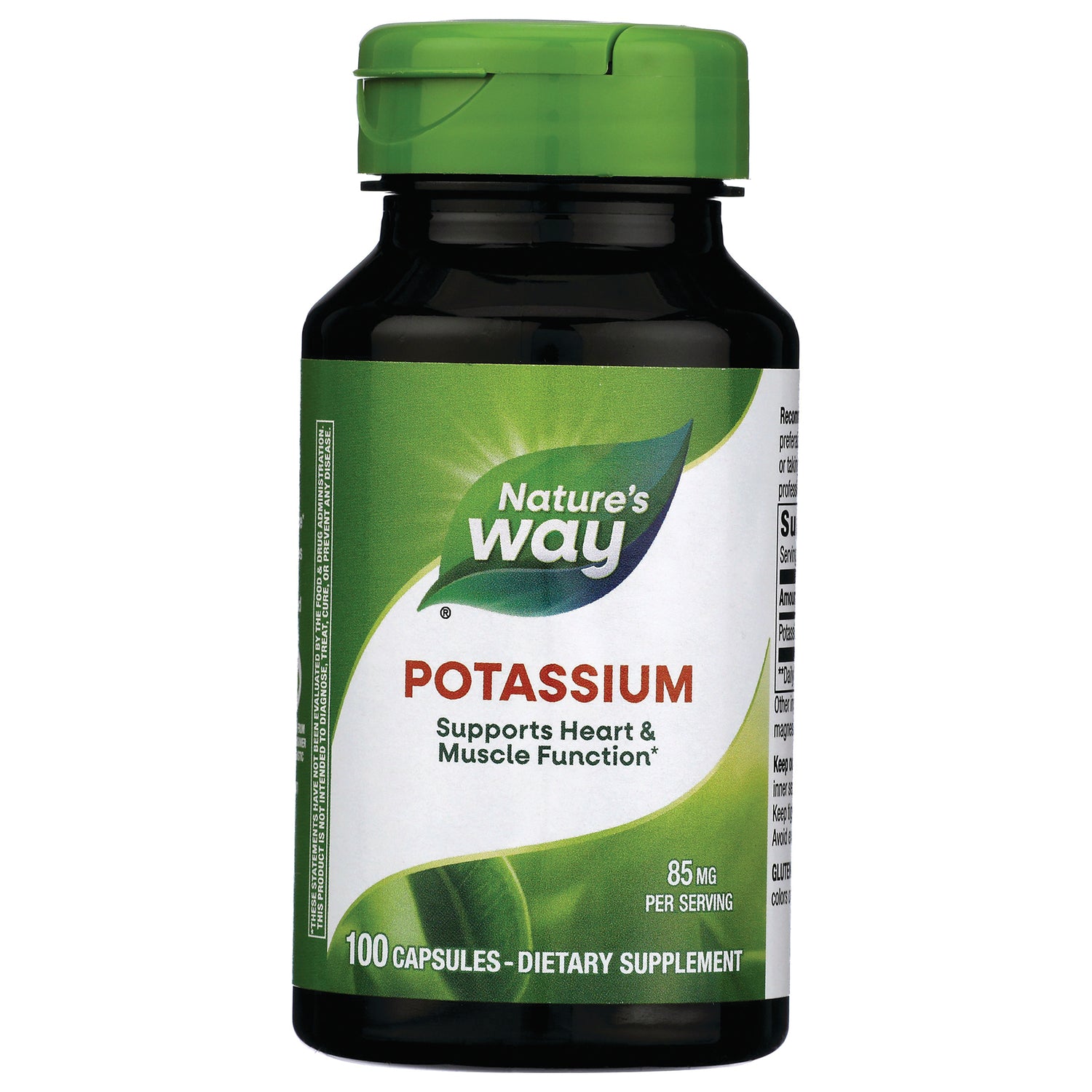 NW362 | Nature's Way Potassium dietary supplement bottle with green cap, label reads POTASSIUM Supports Heart & Muscle Function 85 mg per serving, 100 capsules