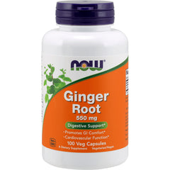 NWF048 | NOW Ginger Root 550 mg white bottle with orange label reading 100 Veg Capsules