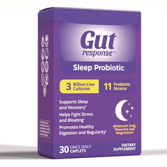 GTR001 | Purple Gut response Sleep Probiotic box front showing Sleep Probiotic, 3 Billion Live Cultures, 11 Probiotic Strains, 30 caplets