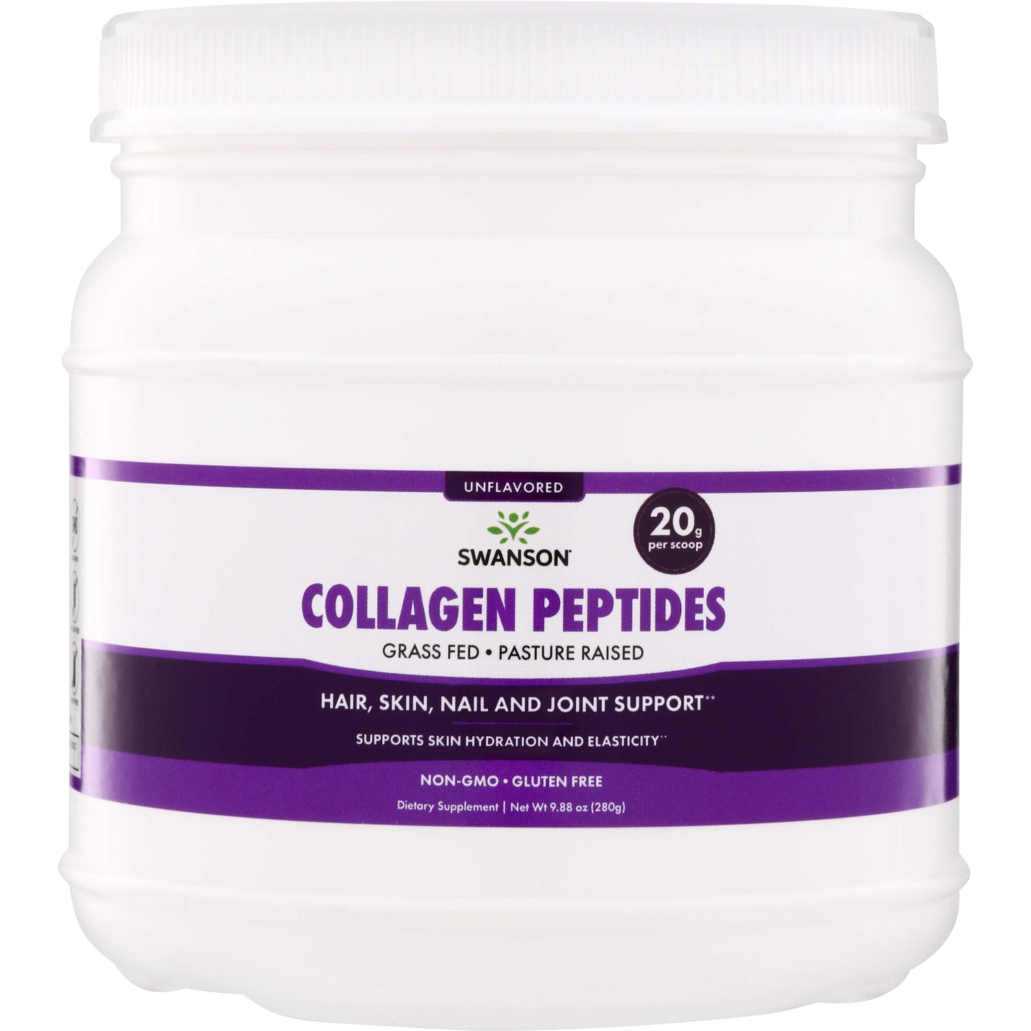 SW1965 | Swanson Collagen Peptides powder, unflavored, 20 g per scoop, grass fed pasture raised, front label