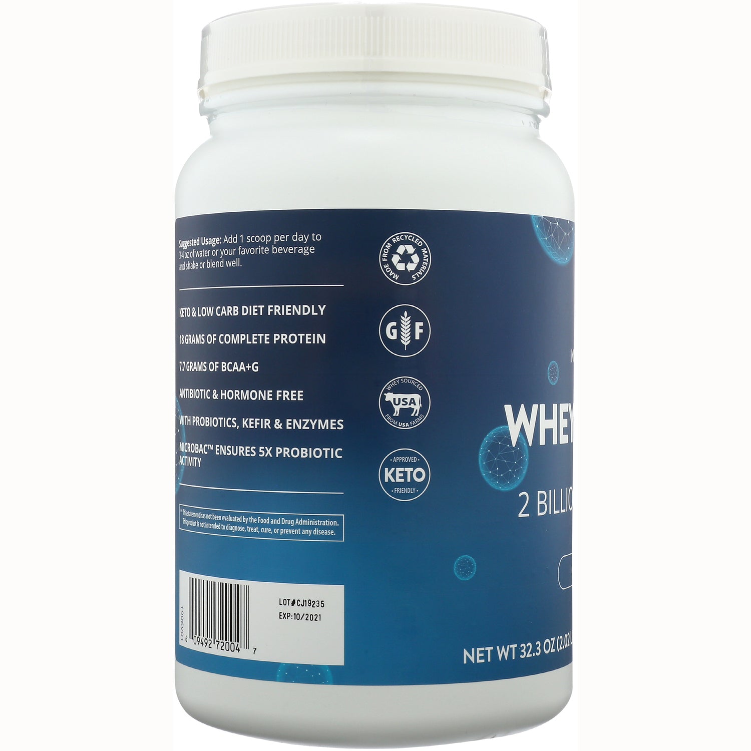MRM005 | side of blue whey protein container showing product infographic, claims, icons and barcode