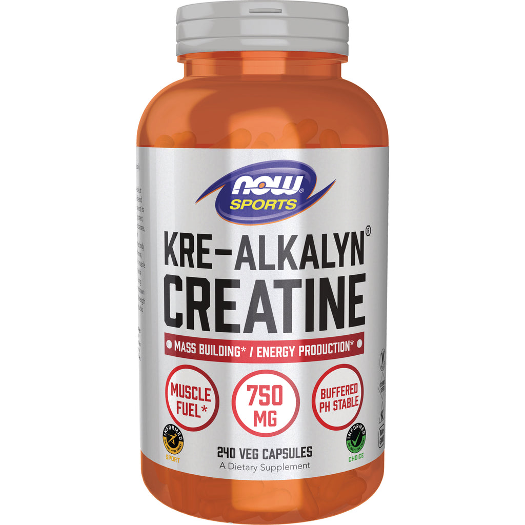 NWF1051 | NOW Sports KRE-ALKALYN CREATINE bottle, 240 veg capsules, 750 mg, label shows muscle fuel and buffered pH stable - Thumbnail