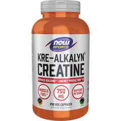 NWF1051 | NOW Sports KRE-ALKALYN CREATINE bottle, 240 veg capsules, 750 mg, label shows muscle fuel and buffered pH stable