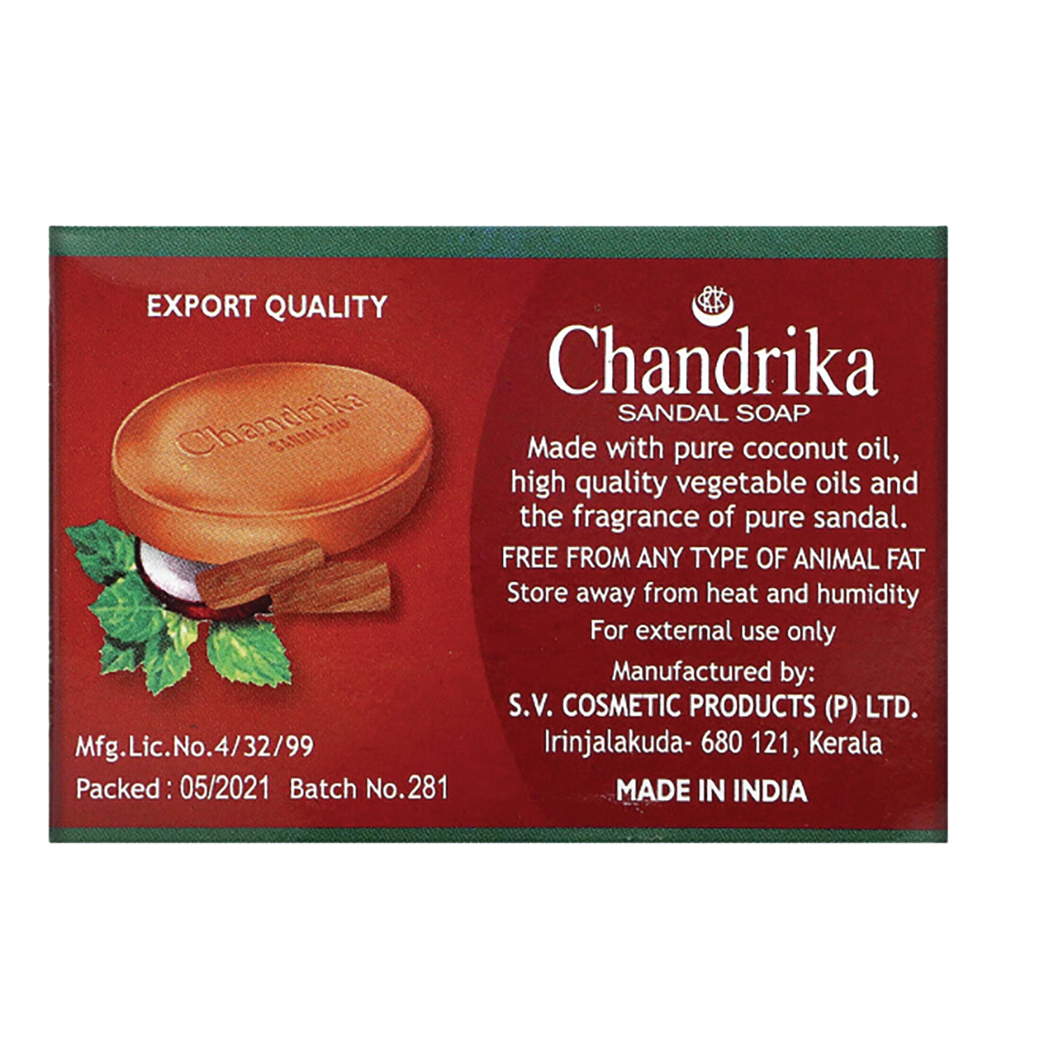 CDR001 | Back of Chandrika sandal soap box showing product name, ingredient claims, batch and manufacturer information, Made in India