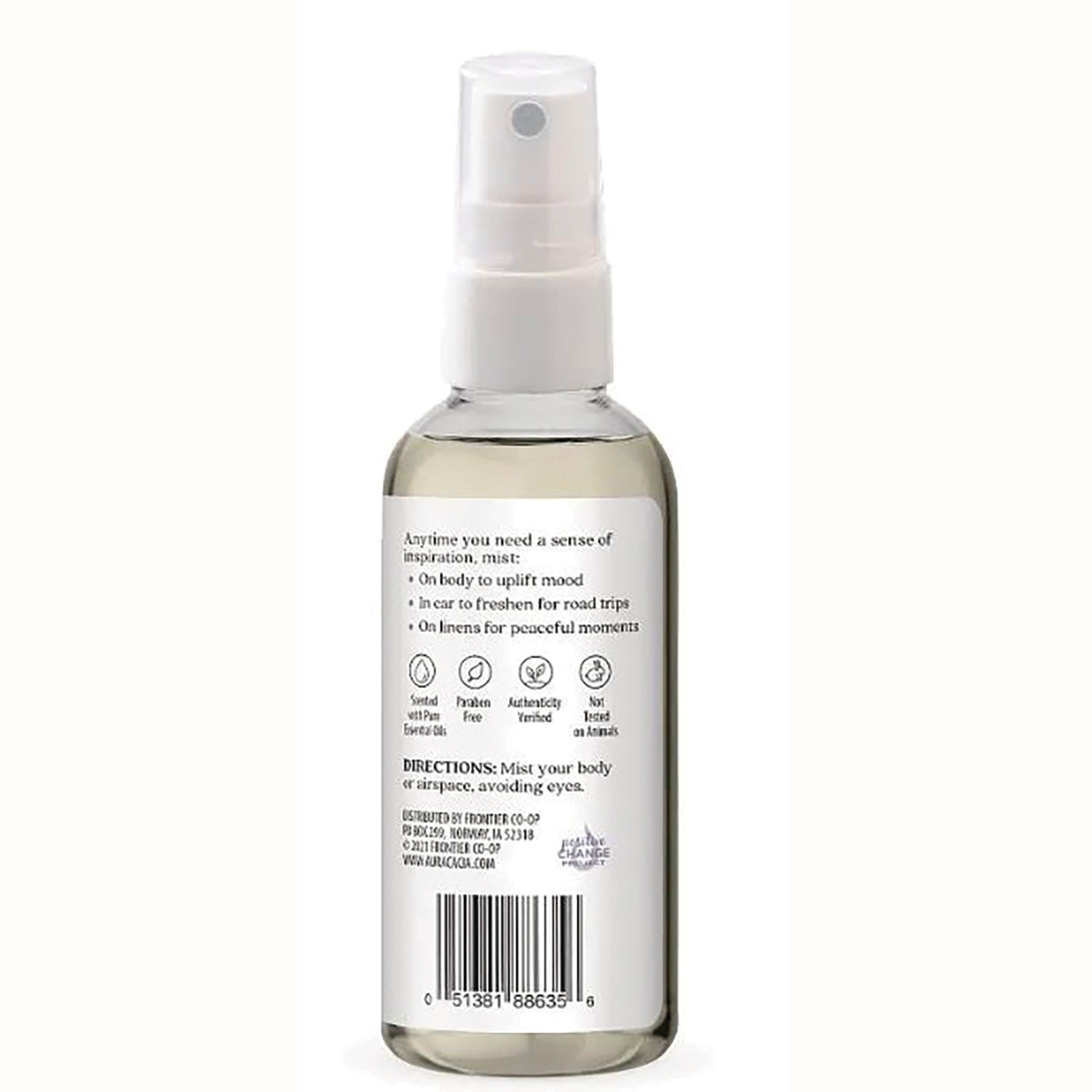 ARC053 | Back label of clear spray bottle showing directions, icons and barcode