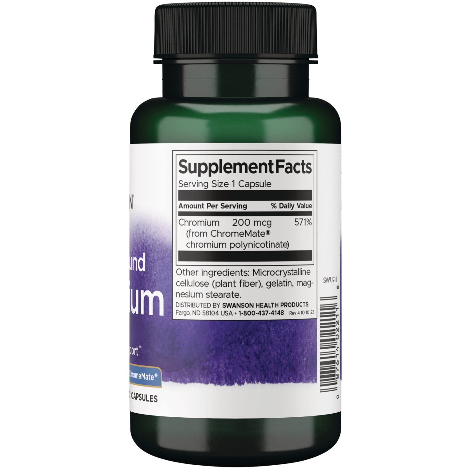 SWU211 | Back label with Supplement Facts: Chromium 200 mcg (ChromeMate), other ingredients and barcode