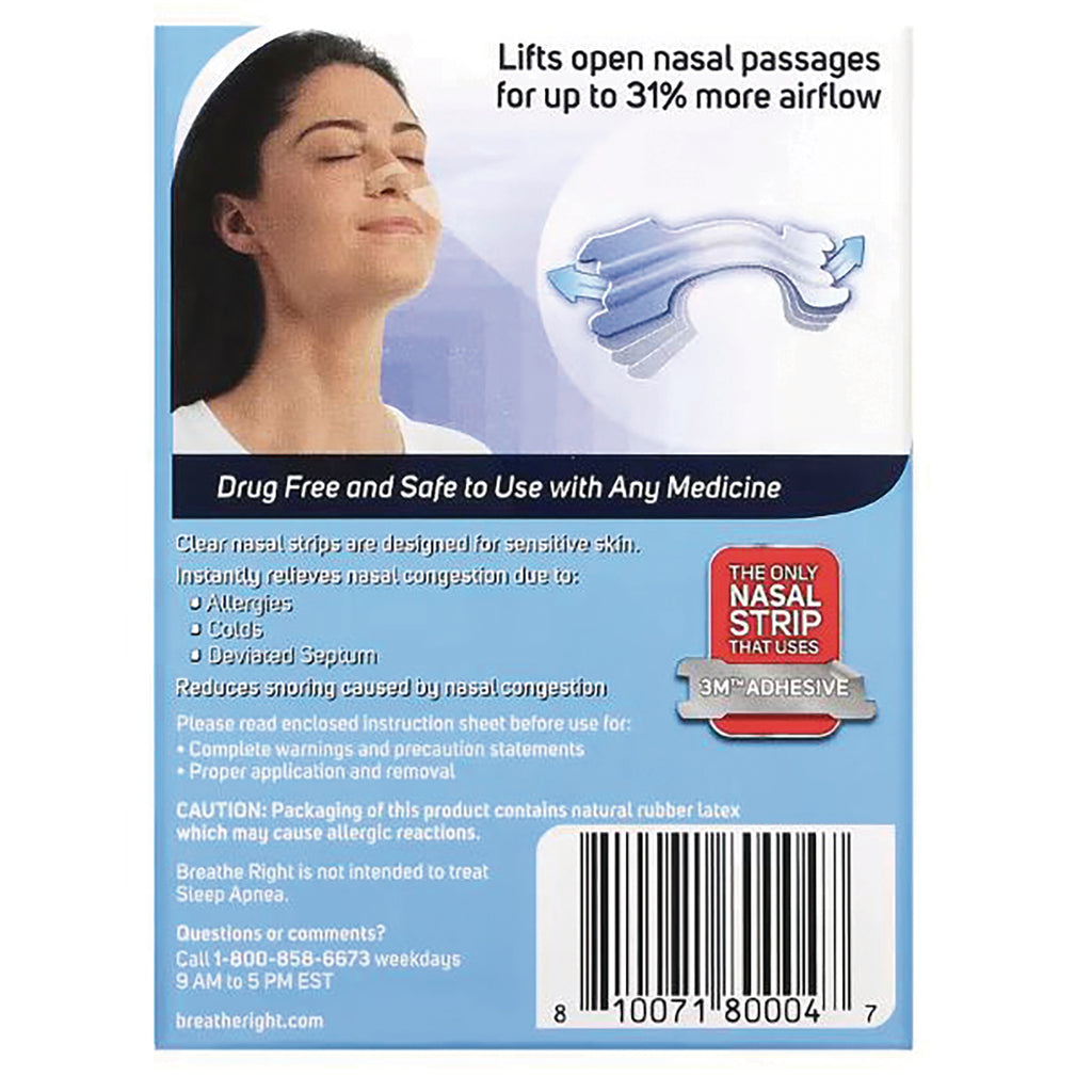 GSK011 | Back of nasal strip packaging showing benefits, caution and instructions, barcode and photo of woman wearing strip - Thumbnail