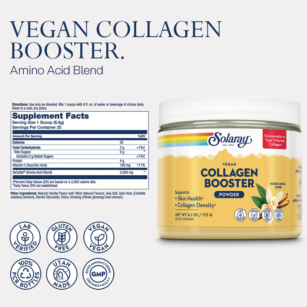 SLR542 | back label showing supplement facts panel, ingredient list, and jar packaging with vegan collagen booster branding - Thumbnail