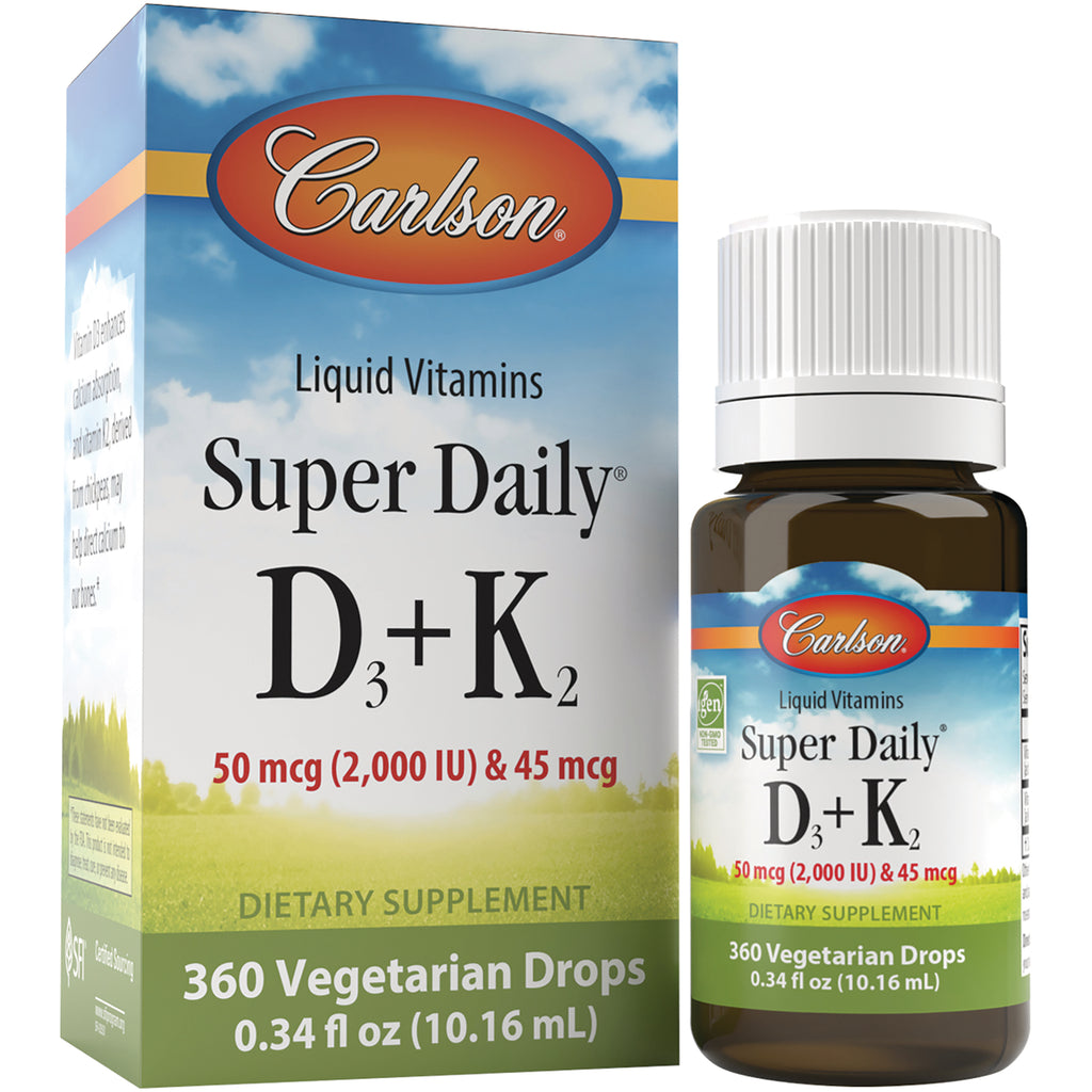 CSN264 | Carlson Super Daily liquid vitamins D3+K2 box and bottle, 360 vegetarian drops 0.34 fl oz - Thumbnail