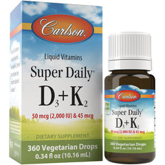 CSN264 | Carlson Super Daily liquid vitamins D3+K2 box and bottle, 360 vegetarian drops 0.34 fl oz