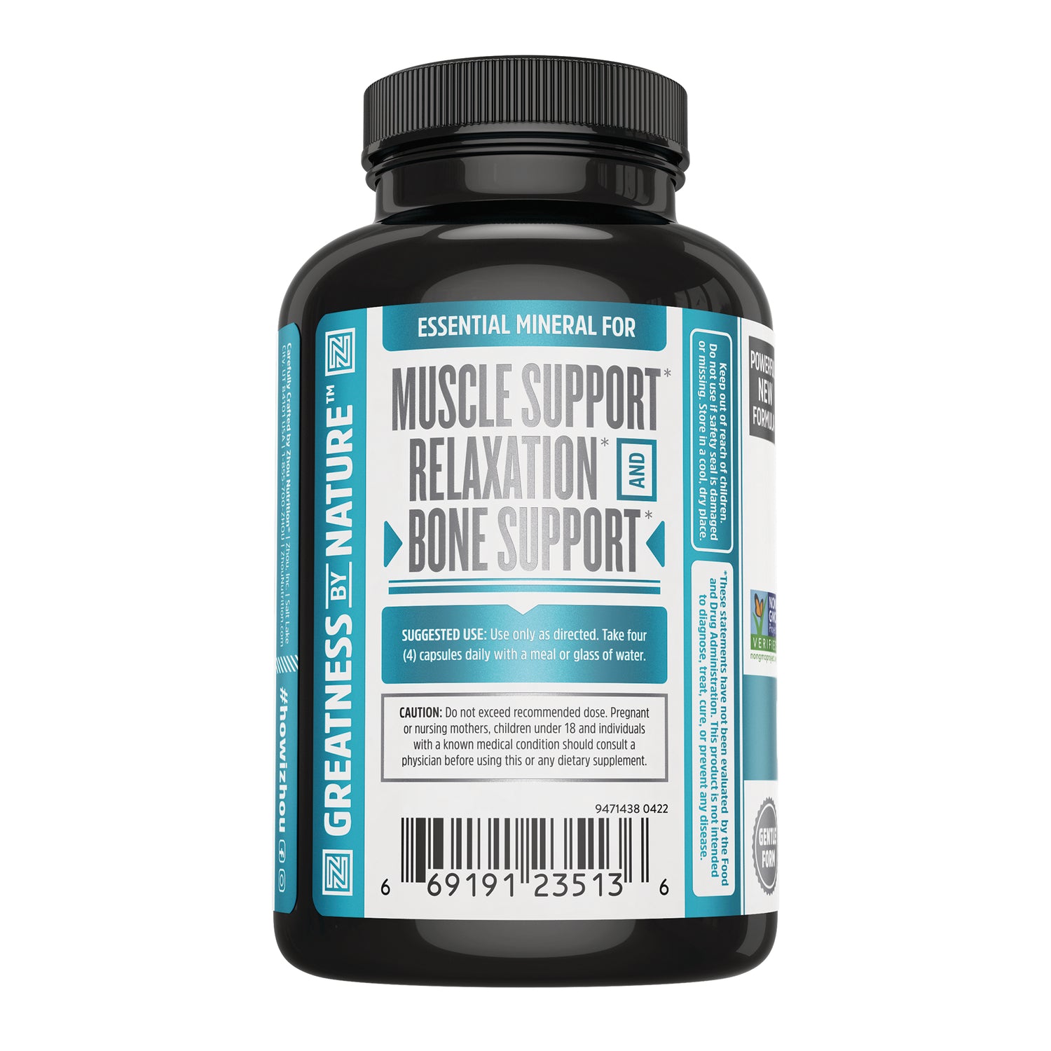 ZOU072 | Supplement bottle back label showing 'Muscle Support, Relaxation and Bone Support' plus suggested use and barcode