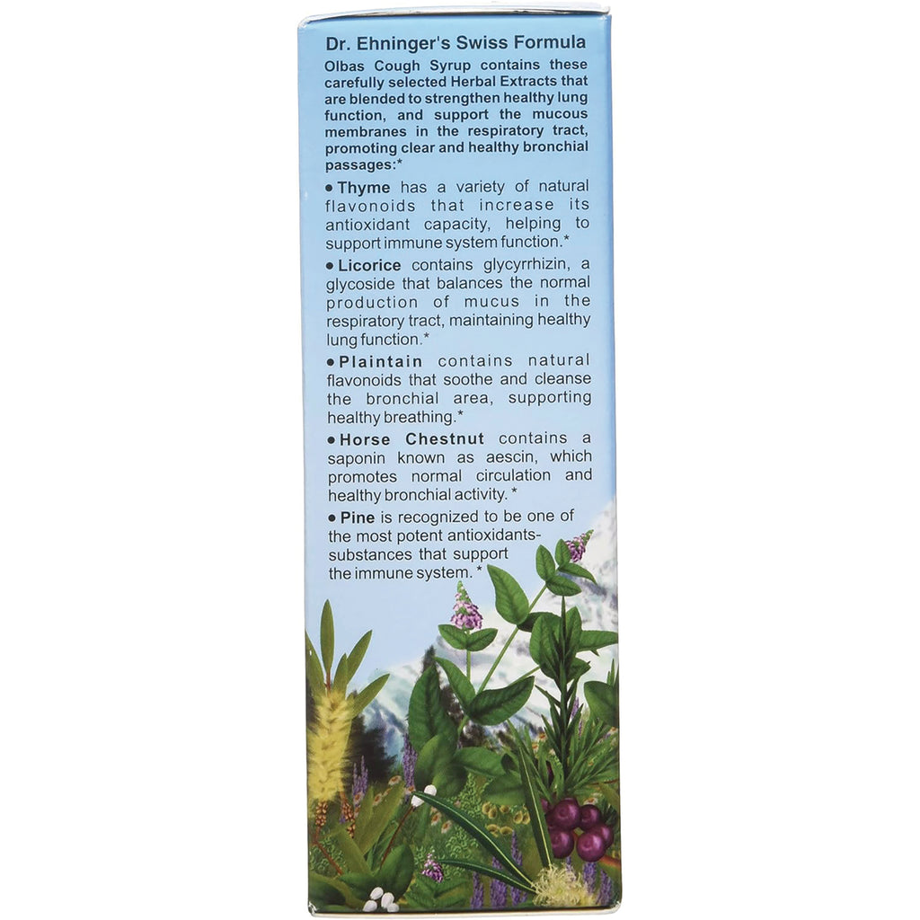 OLB003 | product infographic panel listing herbal extracts for Olbas Cough Syrup with thyme, licorice, plantain and botanical illustration - Thumbnail