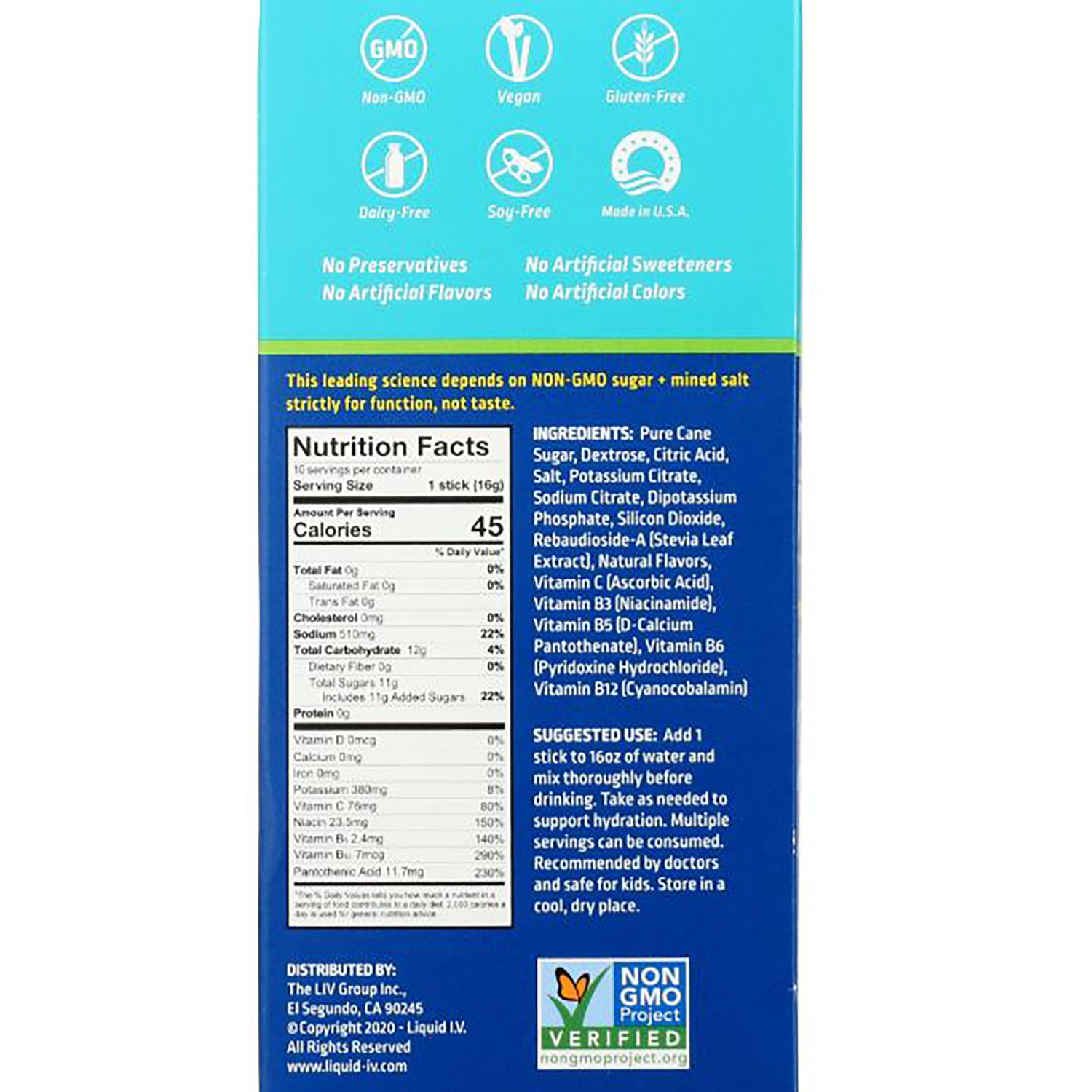 LQV002 | product back showing Nutrition Facts, ingredients list and Non GMO Project Verified logo